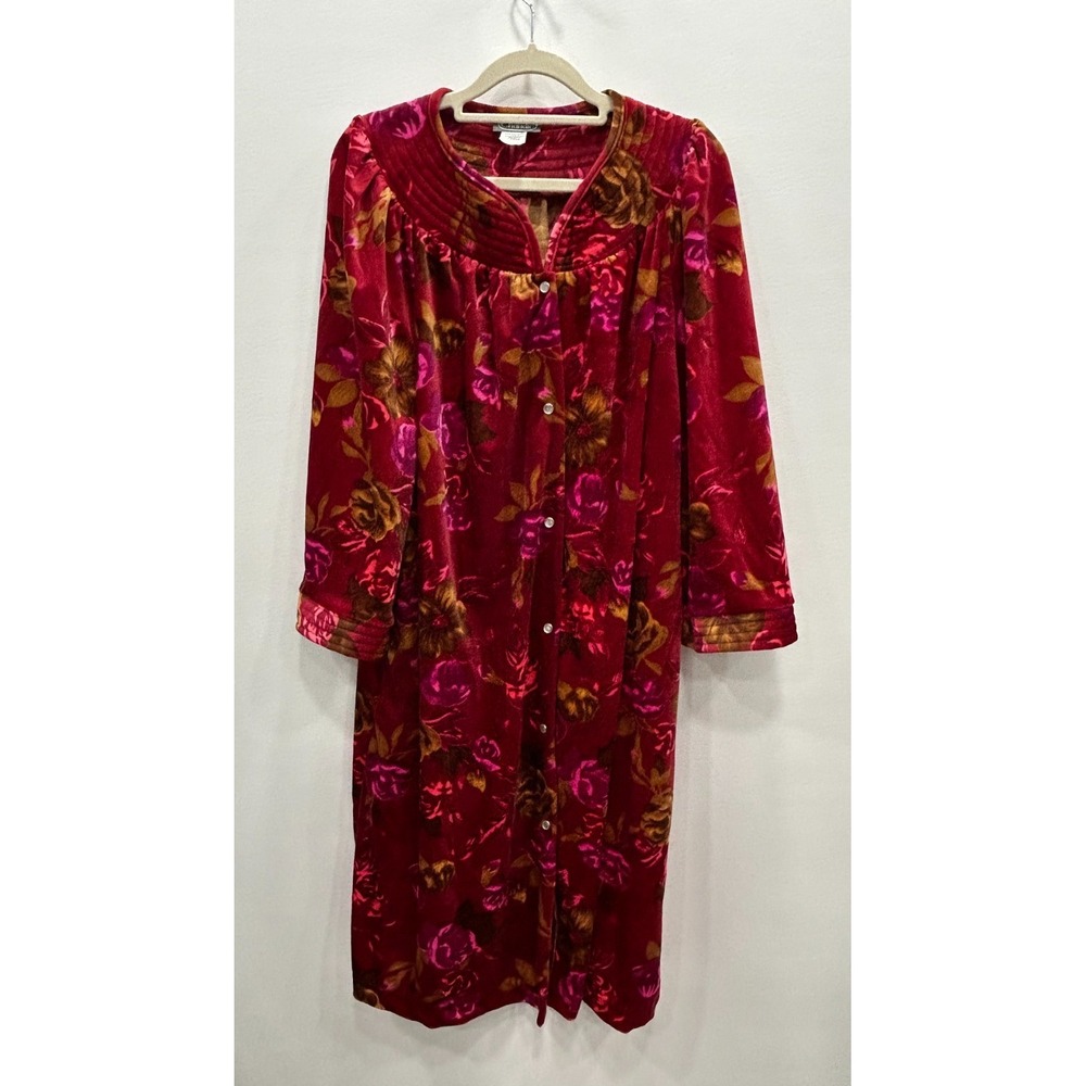 Chandio Robe Womens Large Red Floral Velvet Housecoat Midi Romantic